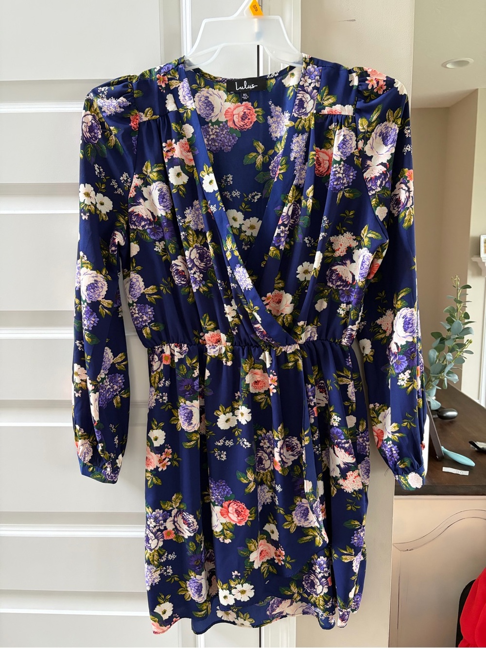 Lulu's Navy Floral Wrap Dress with Pink, Purple, White Blooms